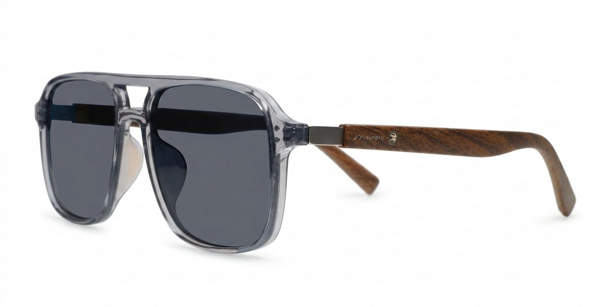 iPOP Slate polarised aviator sunglasses with polished wood temples in black frames