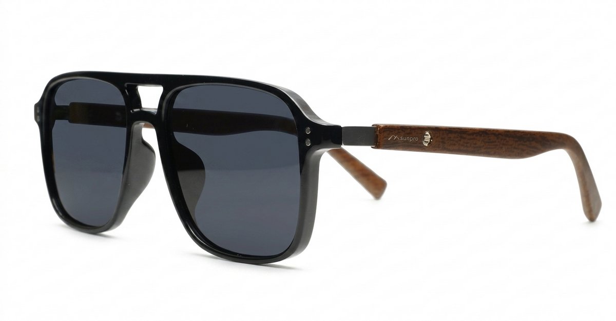 iPOP Slate polarised aviator sunglasses with polished wood temples in black frames