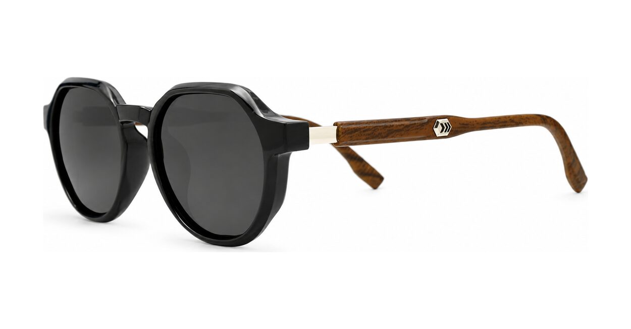 Hexagon shaped polarised sunglasses with faux wood oak temples