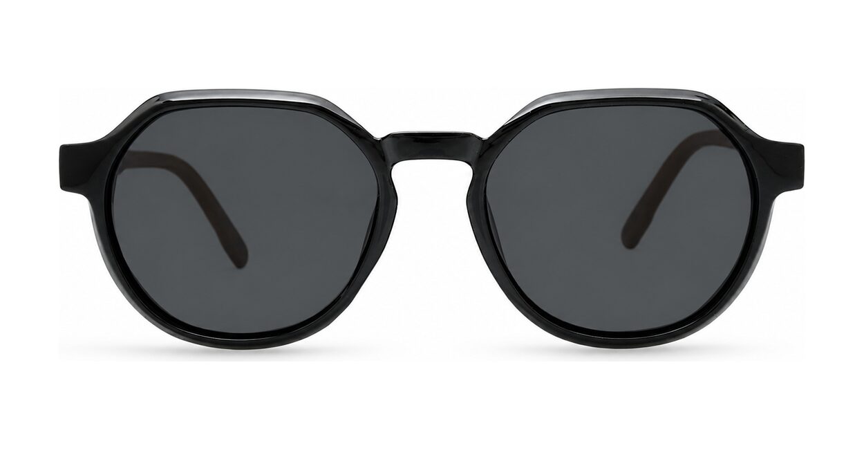 Hexagon shaped polarised sunglasses with faux wood oak temples