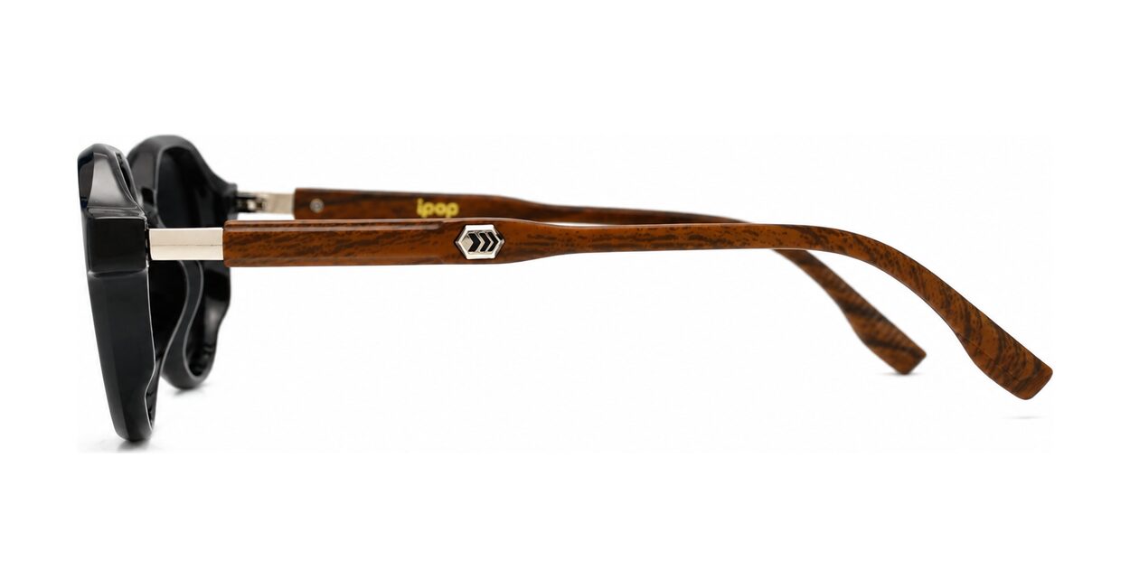 Hexagon shaped polarised sunglasses with faux wood oak temples