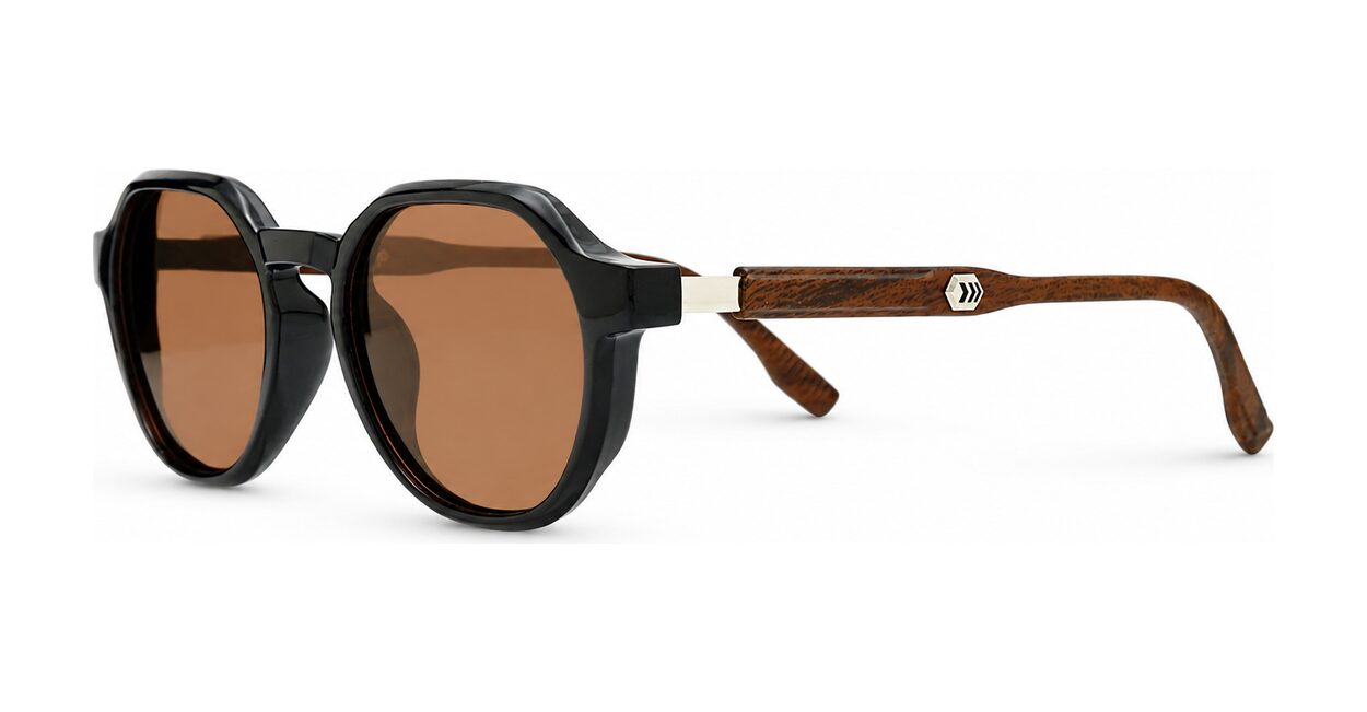 Hexagon shaped polarised sunglasses with faux wood oak temples