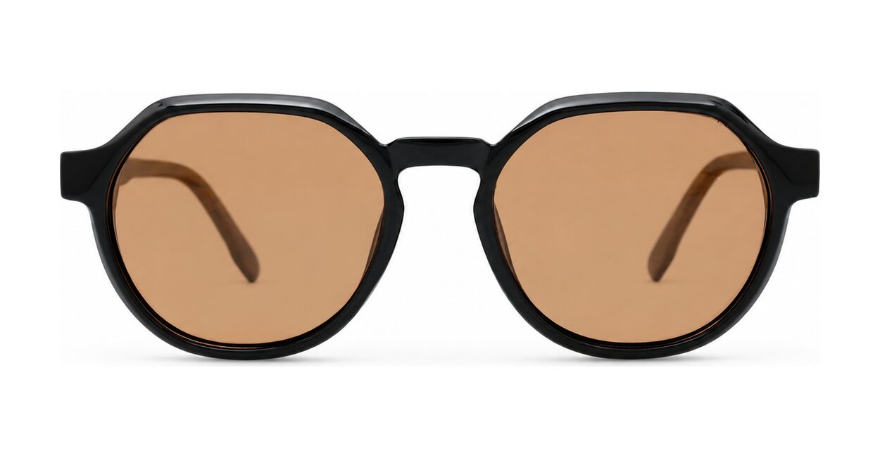 Hexagon shaped polarised sunglasses with faux wood oak temples