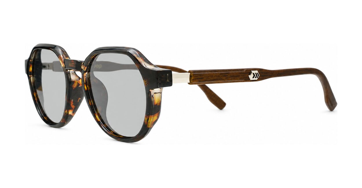 Hexagon shaped polarised sunglasses with faux wood oak temples