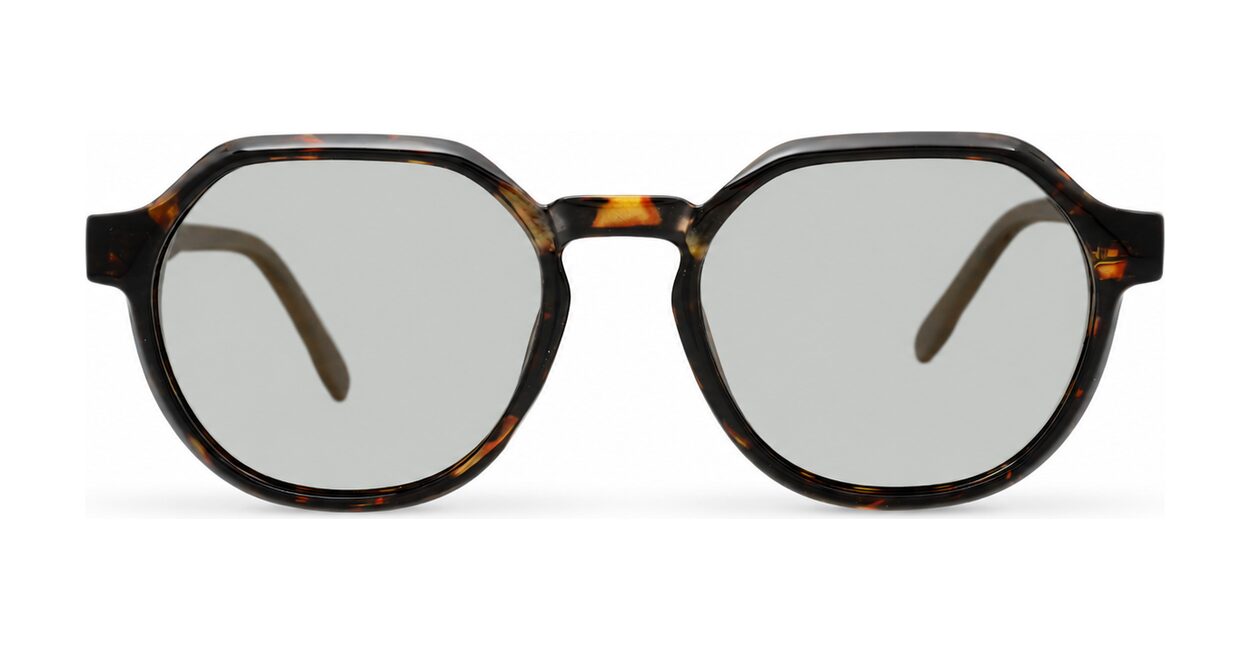 Hexagon shaped polarised sunglasses with faux wood oak temples