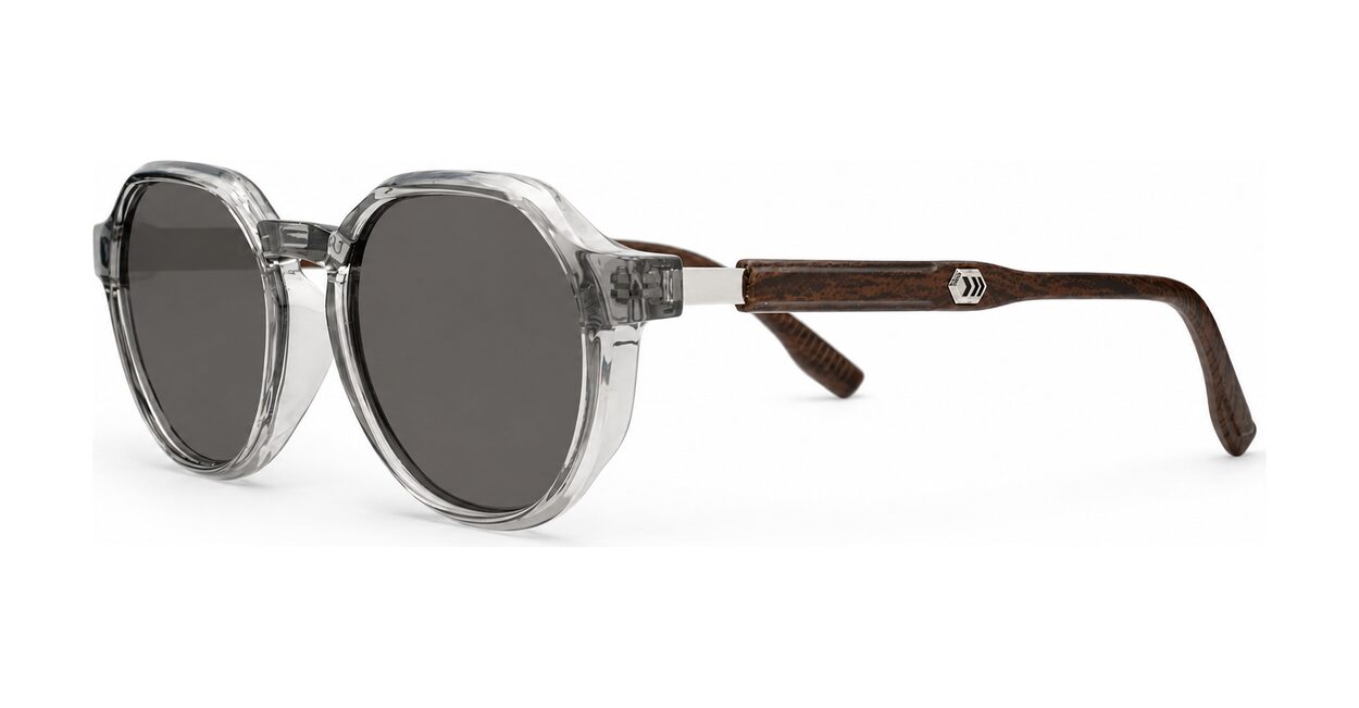 Hexagon shaped polarised sunglasses with faux wood oak temples