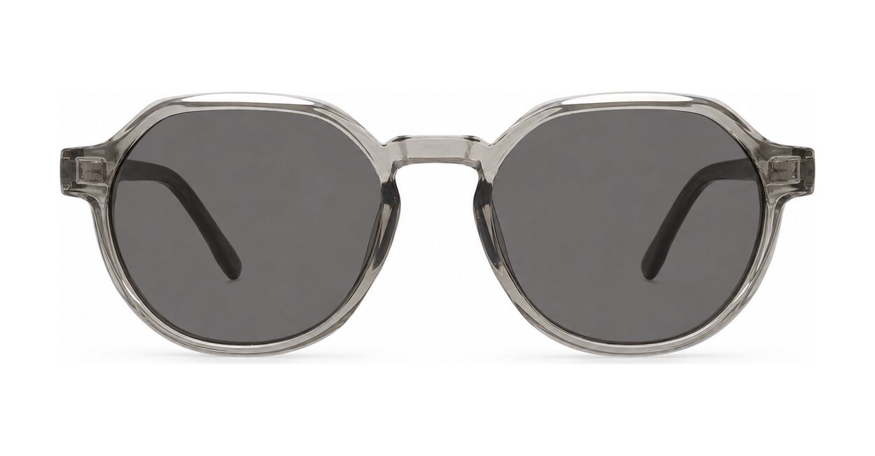 Hexagon shaped polarised sunglasses with faux wood oak temples