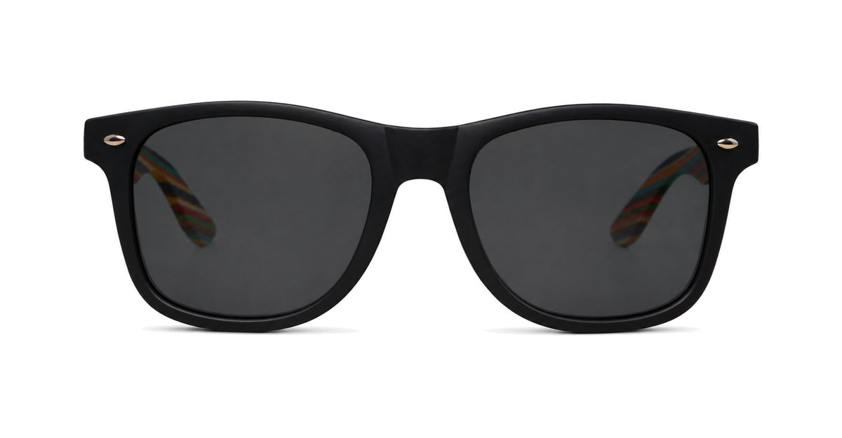 Skate unisex polarised sunglasses with matte black frames and bamboo arms with multi-coloured stripes