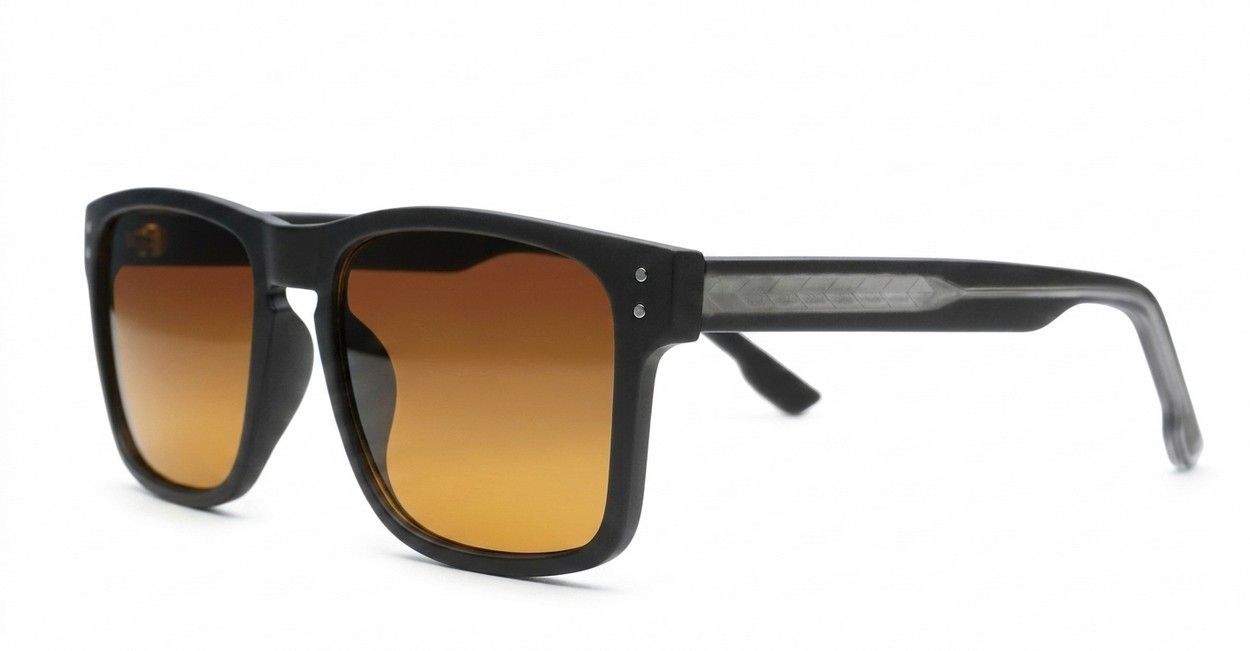 The Comet sporty black UV400 sunglasses for men with Oakley-inspired wrap frames and brown Category 3 lenses