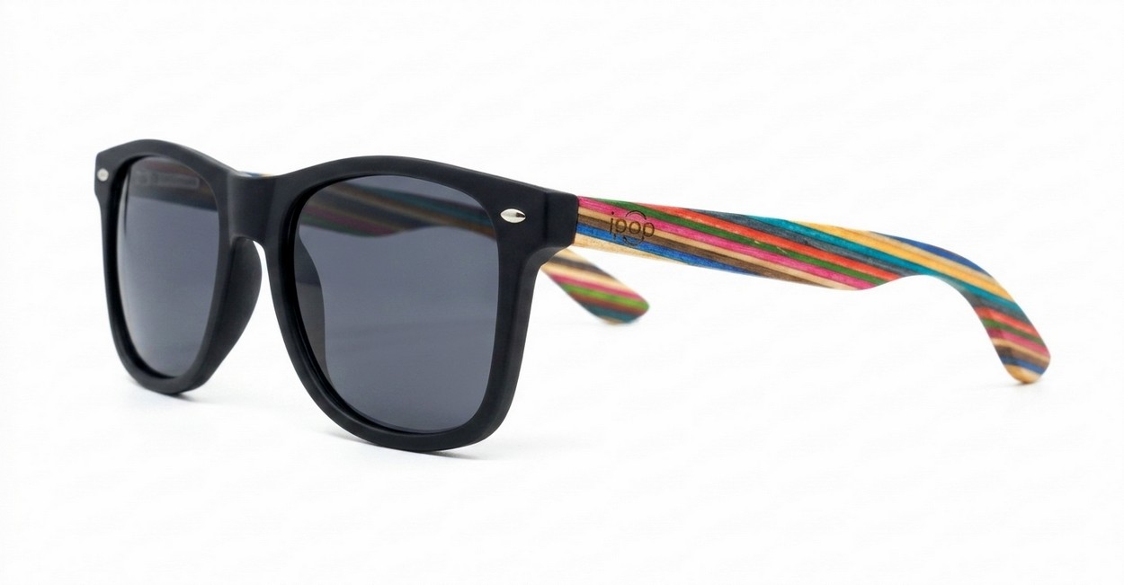 Skate unisex polarised sunglasses with matte black frames and bamboo arms with multi-coloured stripes