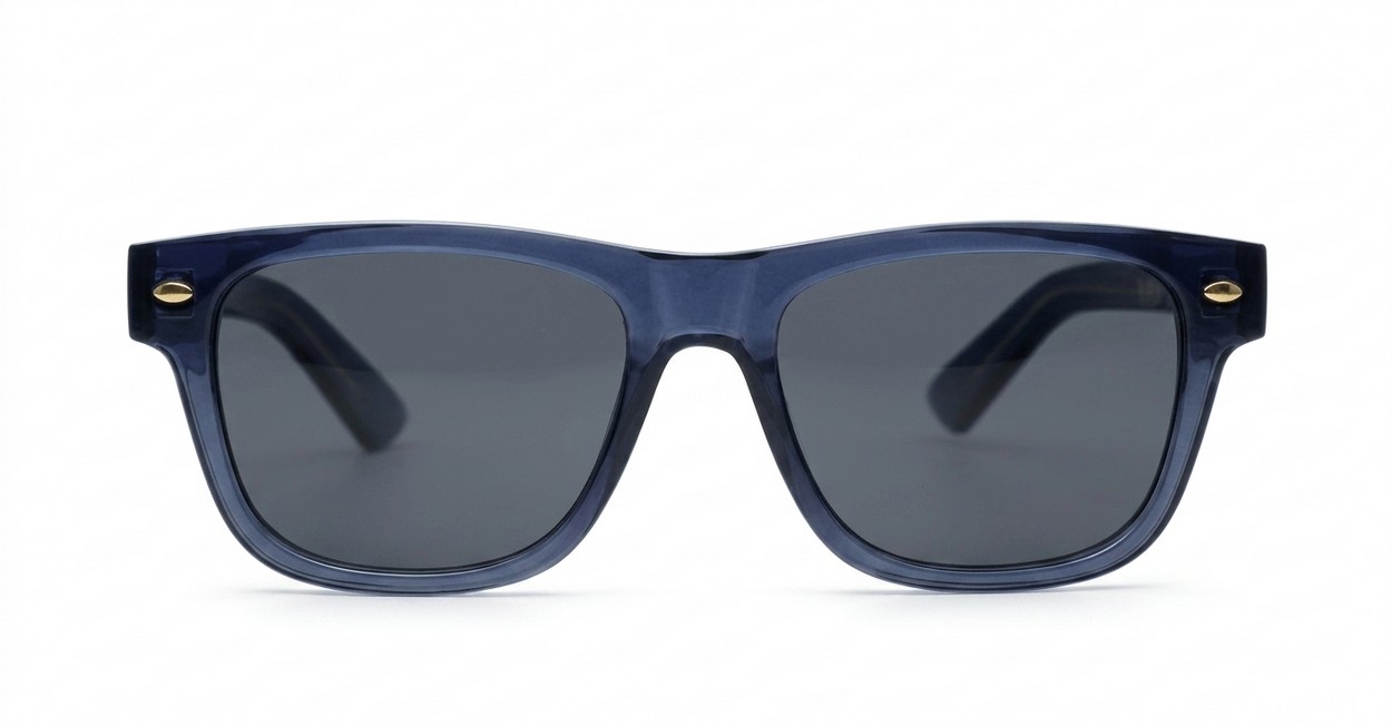 The Spike unisex vintage wayfarer UV400 sunglasses in translucent blue with black sides, gold pips and dark grey lenses