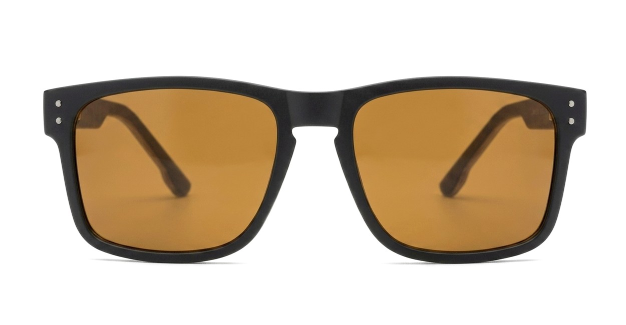 The Comet sporty black UV400 sunglasses for men with Oakley-inspired wrap frames and brown Category 3 lenses