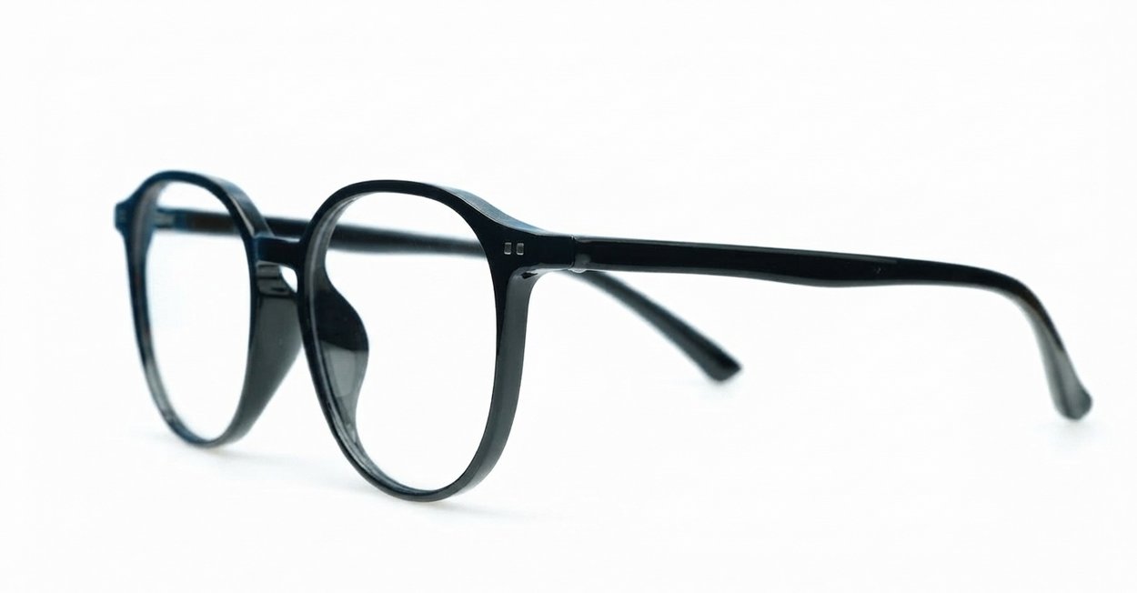 Round shiny black TR90 blue blocker glasses with silver pin temple detailing