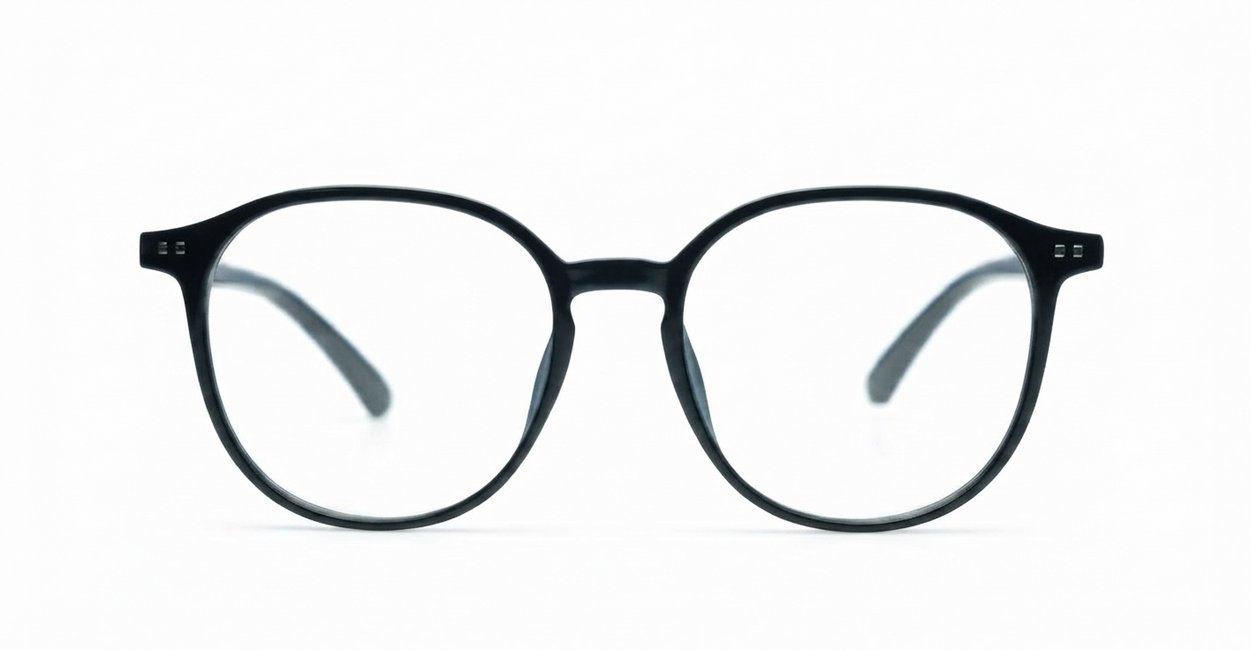 Round shiny black TR90 blue blocker glasses with silver pin temple detailing