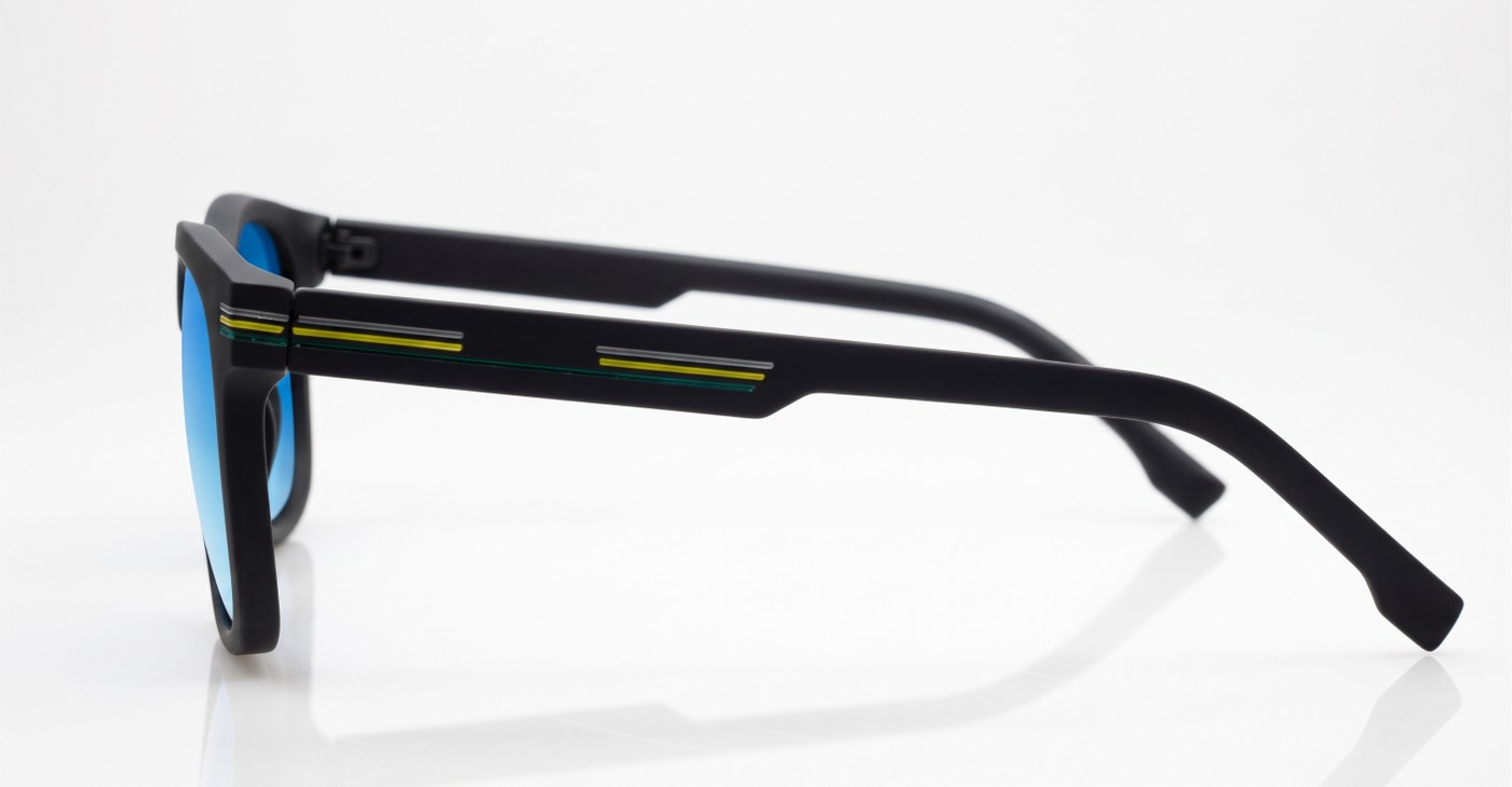 Stride sunglasses with blue mirror lenses matte black frames and coloured pinstripe temples
