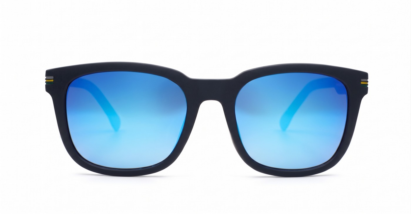 Stride sunglasses with blue mirror lenses matte black frames and coloured pinstripe temples