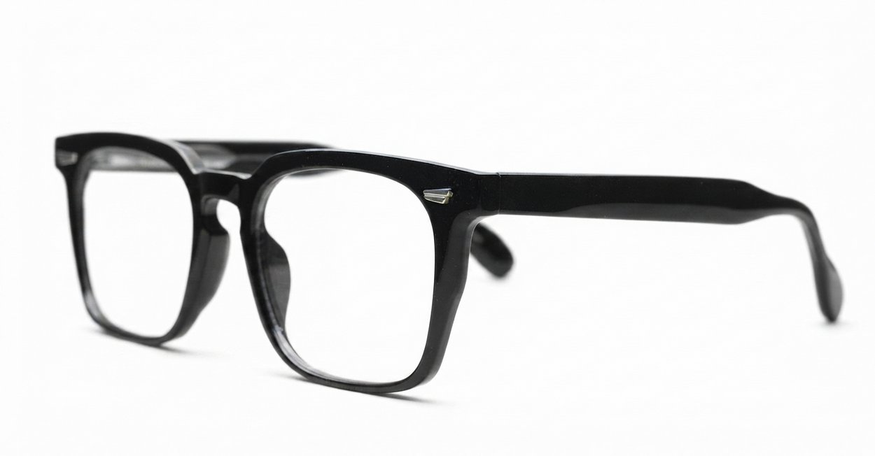 Chunky shiny black square computer glasses with silver temple detailing