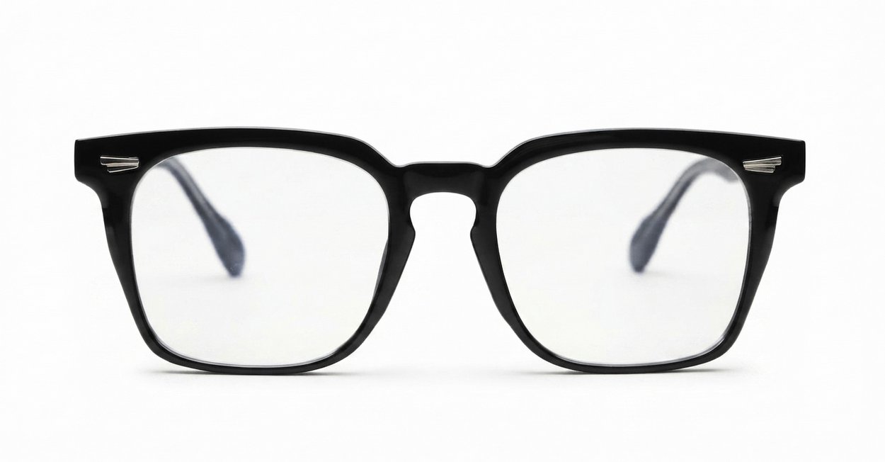 Chunky shiny black square computer glasses with silver temple detailing