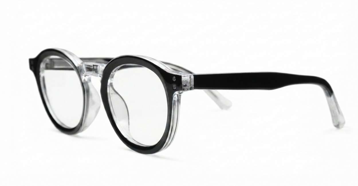 Round black and clear two-tone computer glasses with silver pin temple detailing