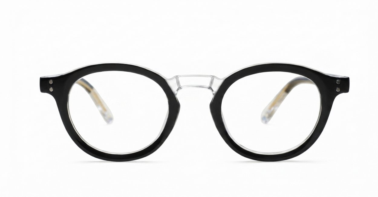 Round black and clear two-tone computer glasses with silver pin temple detailing