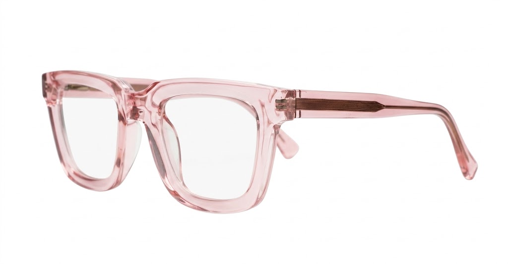 Small rectangular pink fade anti blue light glasses with translucent finish