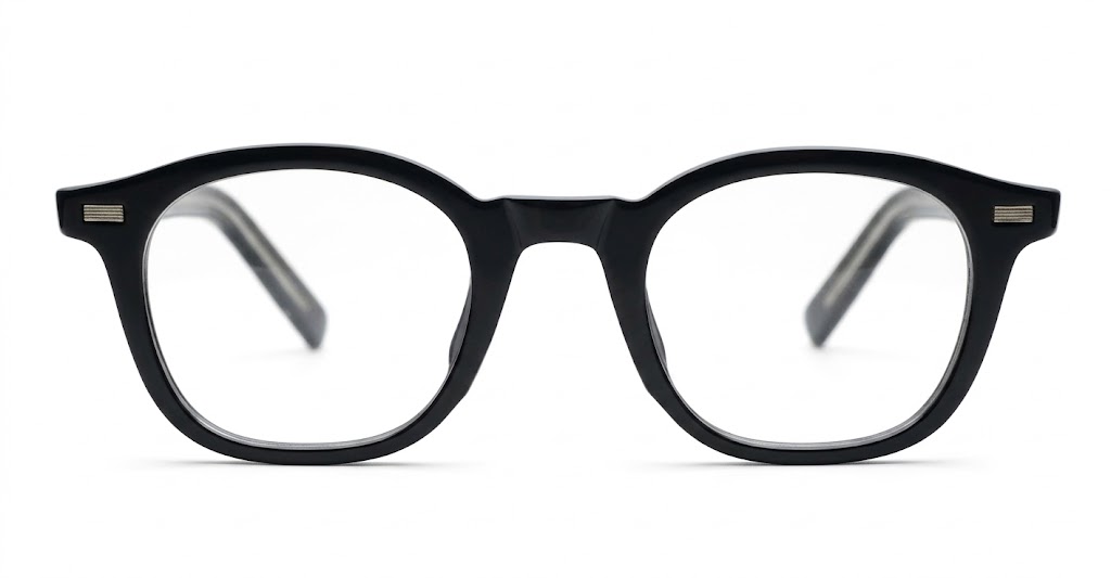 Small round black blue block glasses with vintage-style frame and wire-core temples