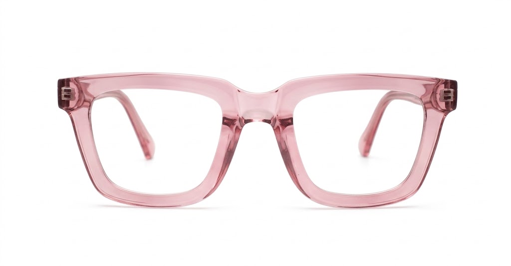 Small rectangular pink fade anti blue light glasses with translucent finish