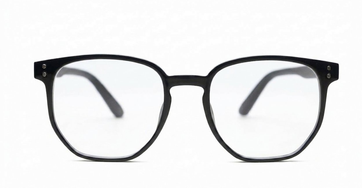 Shiny black TR90 blue block glasses with silver pin temple detailing