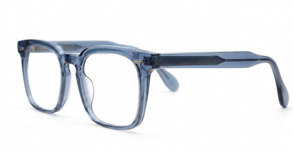 Crystal blue chunky square anti blue light glasses with silver temple detailing