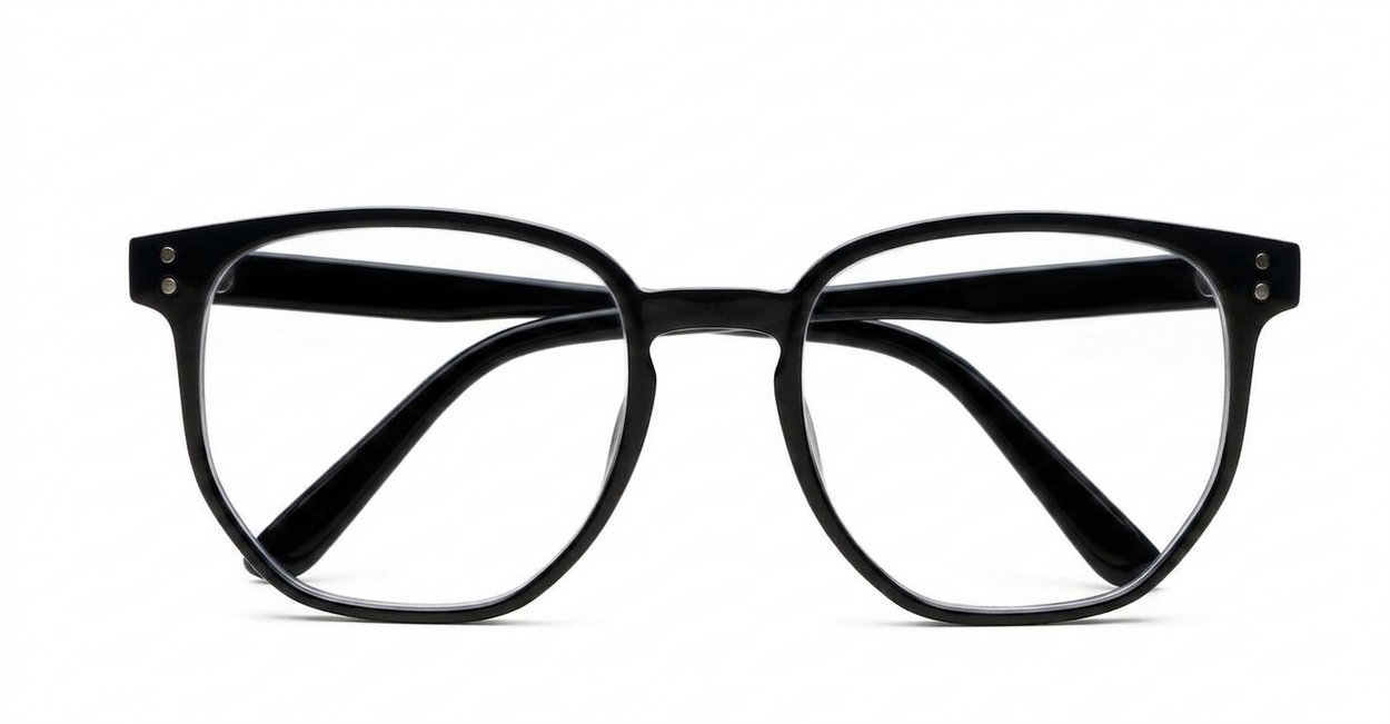 Shiny black TR90 blue block glasses with silver pin temple detailing