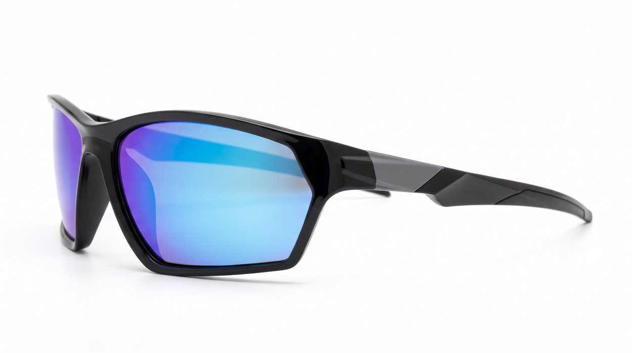  iPOP Bullet angular wrap polarised sunnies in matte black with blue mirror lenses