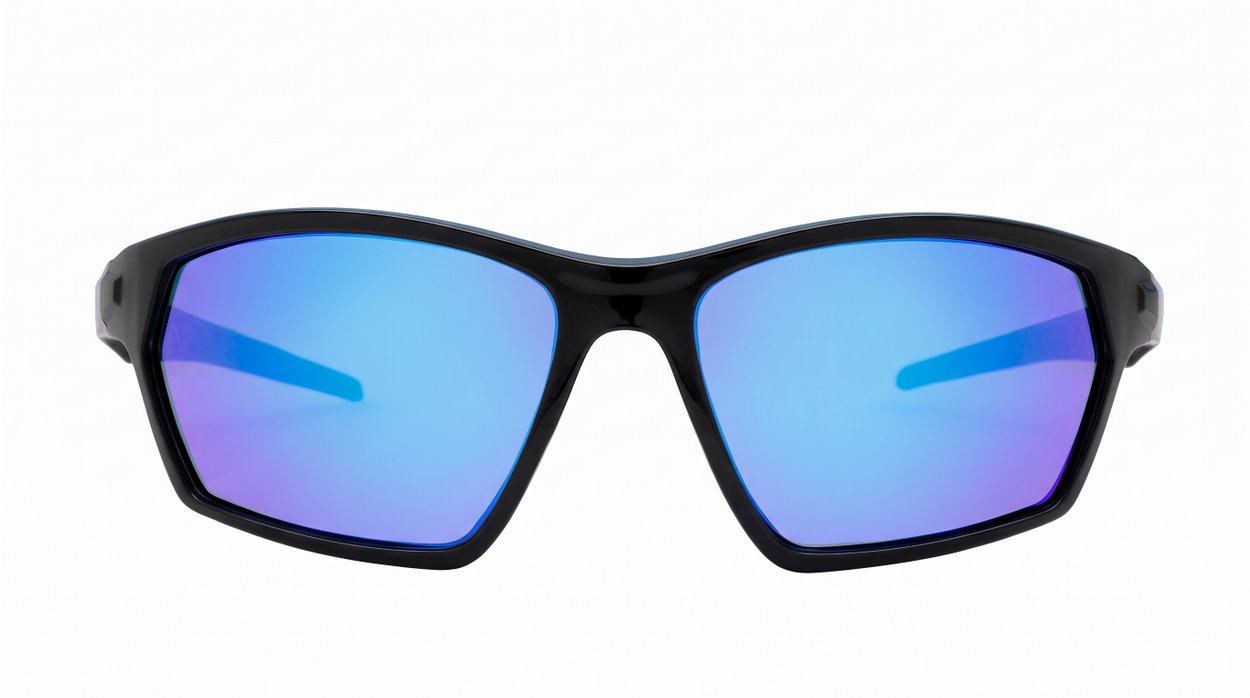  iPOP Bullet angular wrap polarised sunnies in matte black with blue mirror lenses