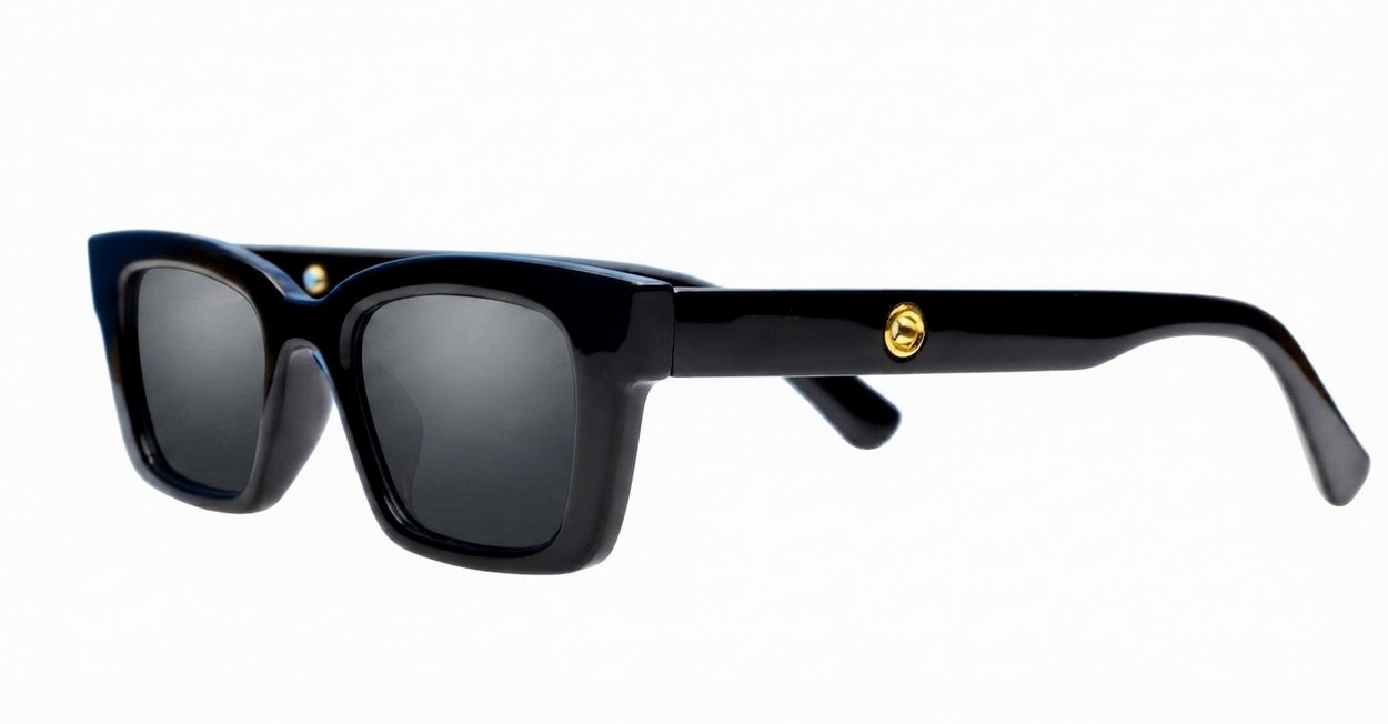 The Amos small retro rectangular UV400 sunglasses for women with super dark lenses and gold arm detailing