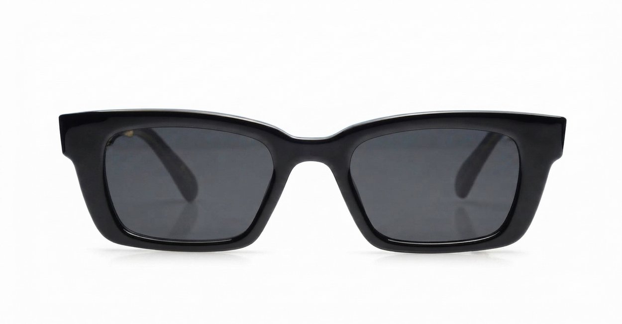 The Amos small retro rectangular UV400 sunglasses for women with super dark lenses and gold arm detailing
