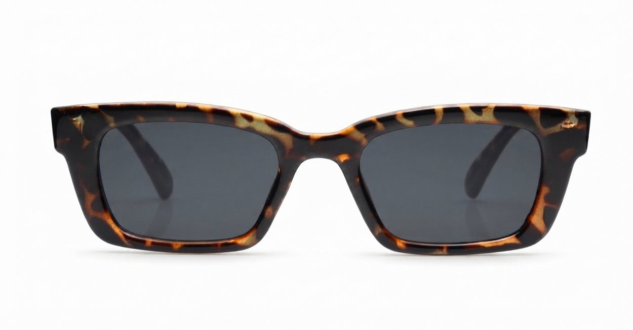 The Amos small retro rectangular UV400 sunglasses for women with super dark lenses and gold arm detailing