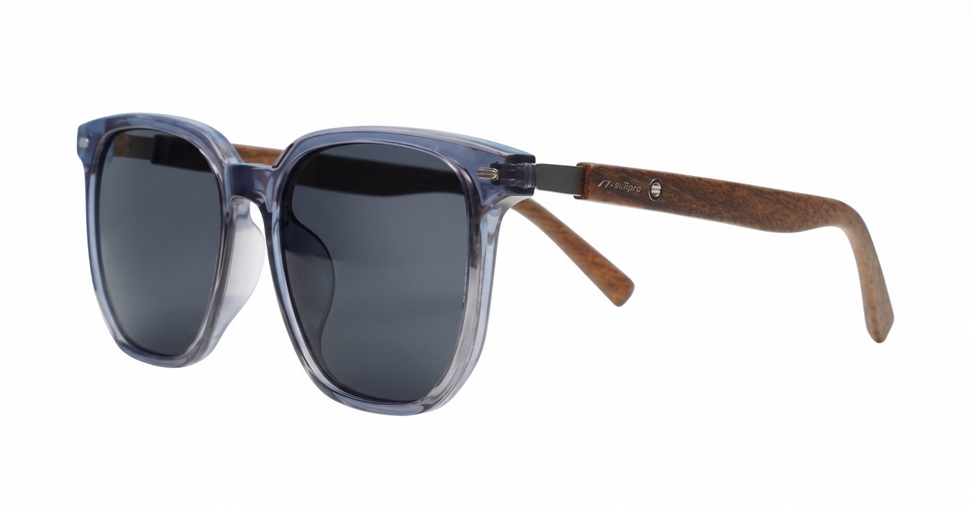 Ari Grey polarised sunglasses with grey frames dark grey lenses and faux wood temples