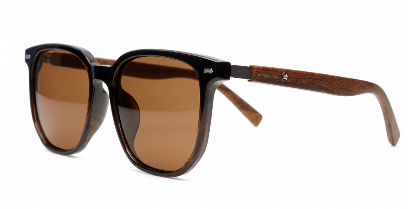Ari polarised sunglasses black frames wood effect temples dark grey lenses