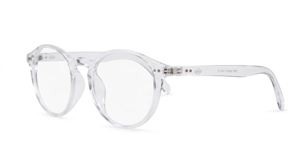 Large round anti blue light glasses with silver stud detail and flexible steel hinges
