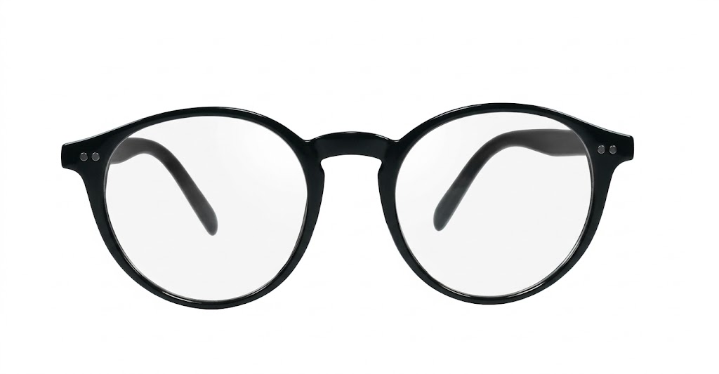 Large round anti blue light glasses with silver stud detail and flexible steel hinges