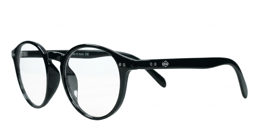 Large round anti blue light glasses with silver stud detail and flexible steel hinges