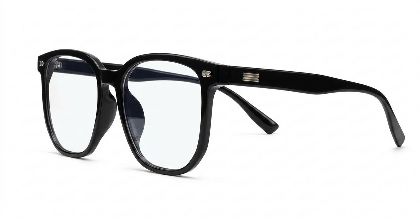 Shiny black square blue block glasses with silver detailing and robust steel hinges