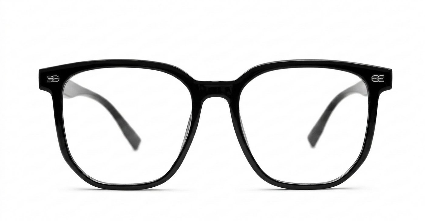 Shiny black square blue block glasses with silver detailing and robust steel hinges