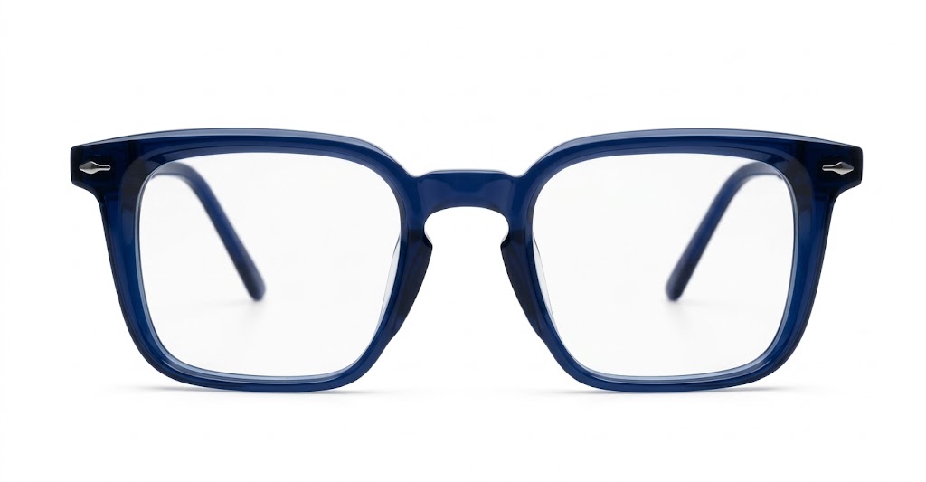 Chunky square blue blue blocker glasses with wire-core temples and steel hinges