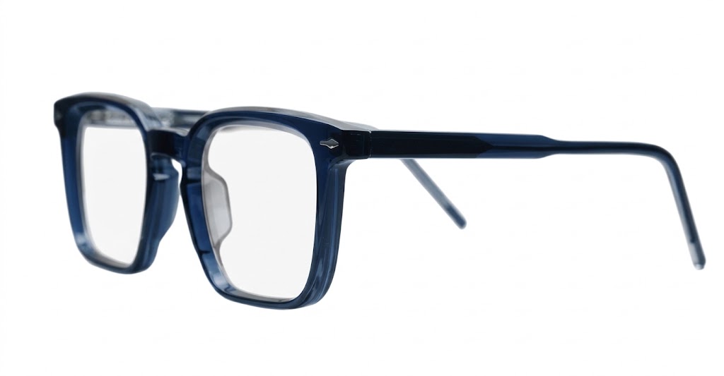 Chunky square blue blue blocker glasses with wire-core temples and steel hinges