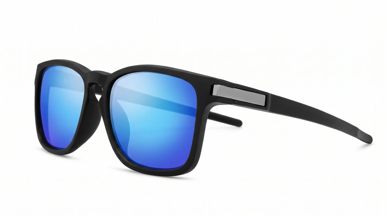 iPOP Nitro matte black square polarised sunnies with red mirror, blue mirror or dark grey lenses