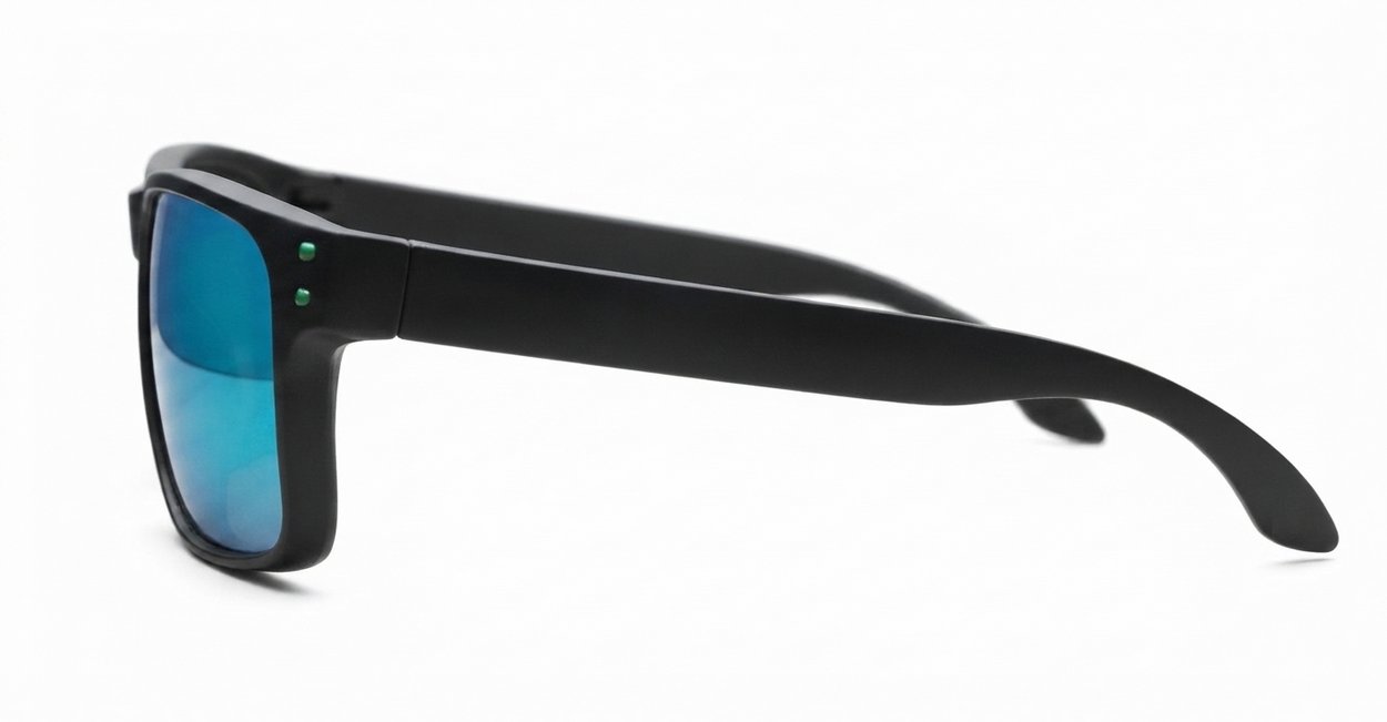 Tama Aqua blue mirror revo polarised sunglasses matte black curved wrap frame