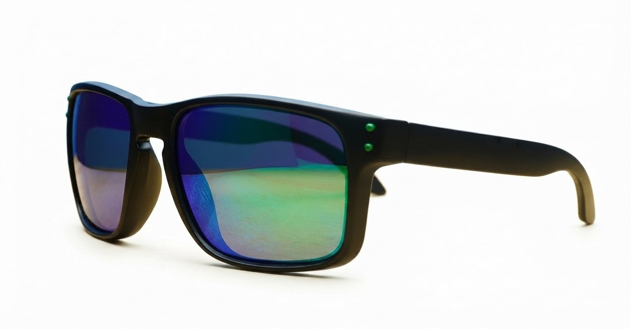 Tama Aqua blue mirror revo polarised sunglasses matte black curved wrap frame