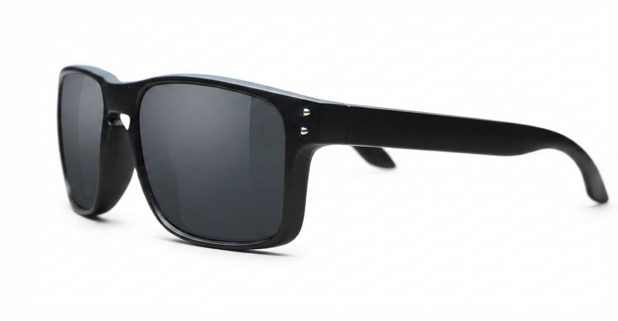 Tama Black curved wrap polarised sunglasses silver detail dark grey lenses