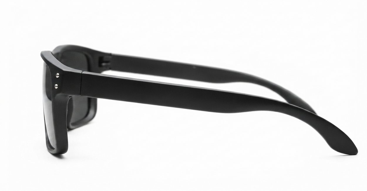Tama Black curved wrap polarised sunglasses silver detail dark grey lenses