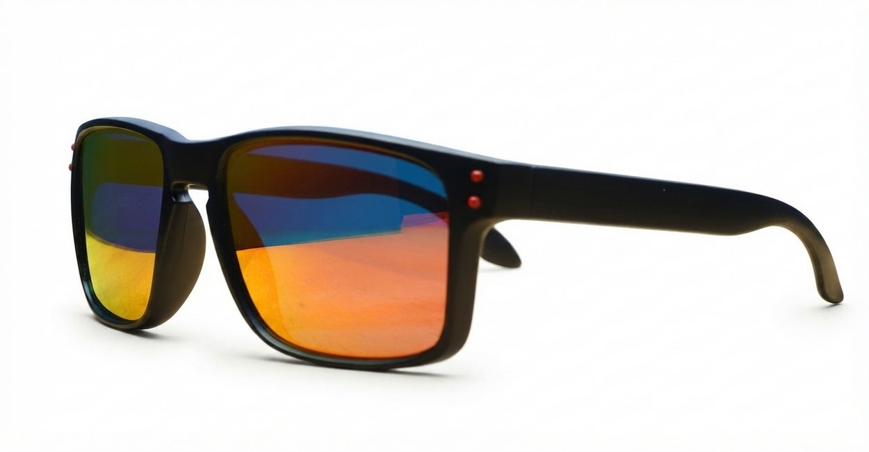 Tama red mirror revo polarised sunglasses curved wrap frame grey base lens